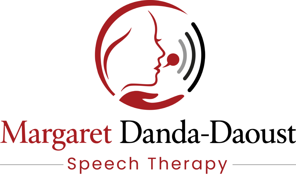 Logo for Margaret Danda-Daoust Speech Therapy, featuring a red circular emblem with a profile silhouette of a person speaking, sound waves, a supportive hand icon, and text underneath.