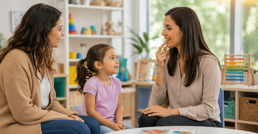 A speech therapist sitting across from a young girl and her mother, pointing to her teeth to model proper articulation during an age-appropriate speech exercise.