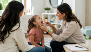 A speech therapist examining a young girl's tongue placement during a speech evaluation, with the girl's mother looking on.