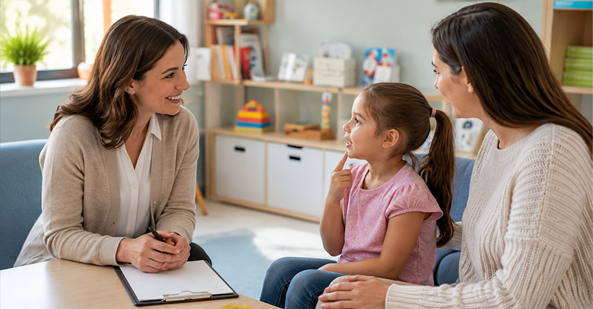 A speech therapist sitting across from a young girl and her mother during a consultation, as the child points to her chin while speaking.