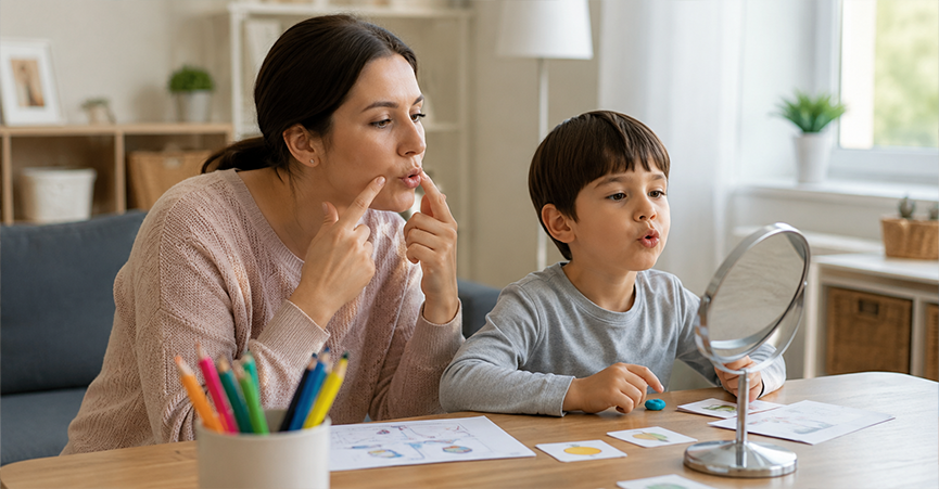 A woman and a young boy sitting at a desk practicing speech exercises using a small mirror and picture cards