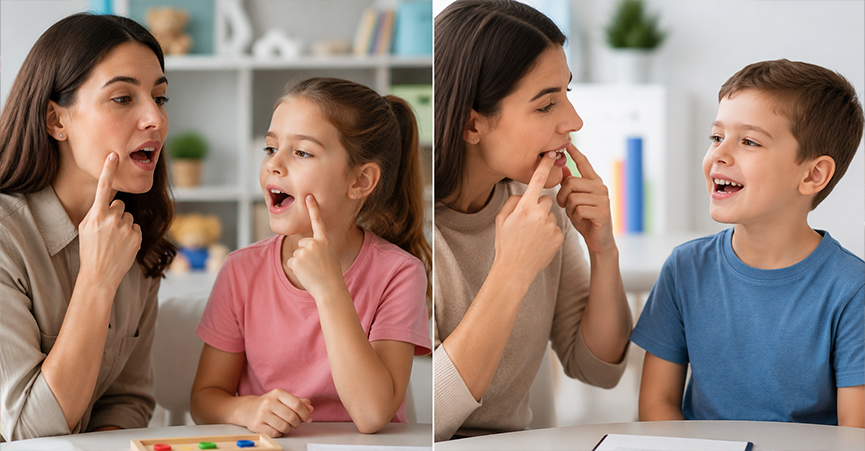 A two-panel comparison image showing a speech therapist demonstrating speech placement techniques with two different children.