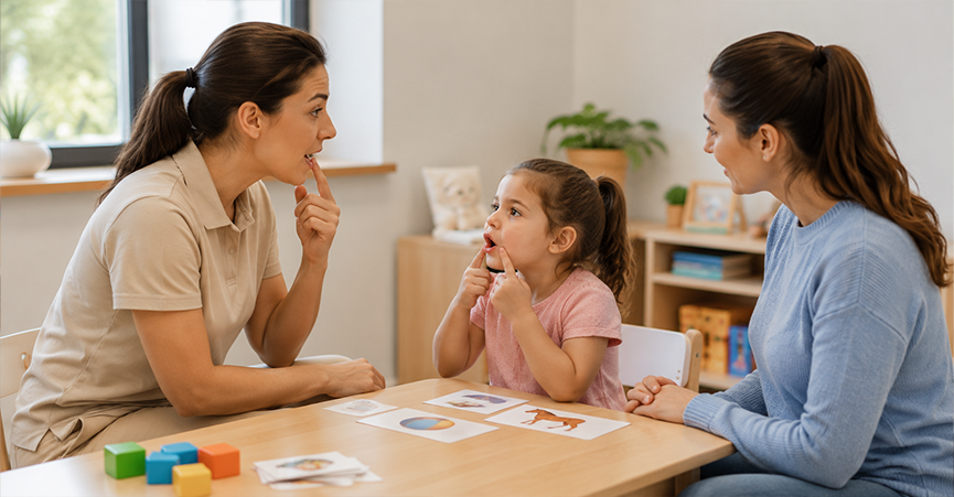 A speech therapist and a young girl both pointing to their mouths during an articulation exercise at a table with picture cards, as the girl's mother observes.