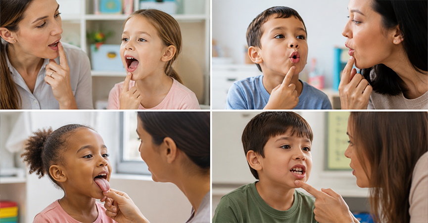 A four-panel collage showing different speech therapy interactions between adults and young children, with each panel demonstrating mouth movements, tongue placement, or physical cues for articulation practice.