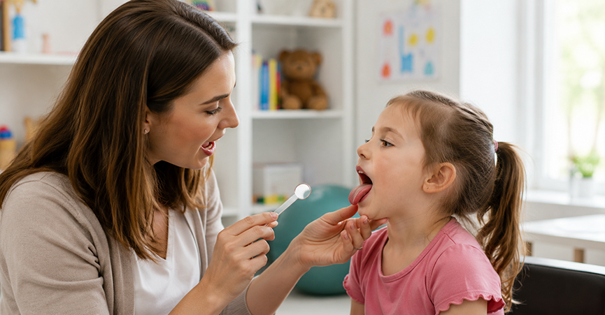 A speech therapist holding a dental mirror while examining a young girl's tongue elevation and oral mobility during an oral mechanism evaluation.